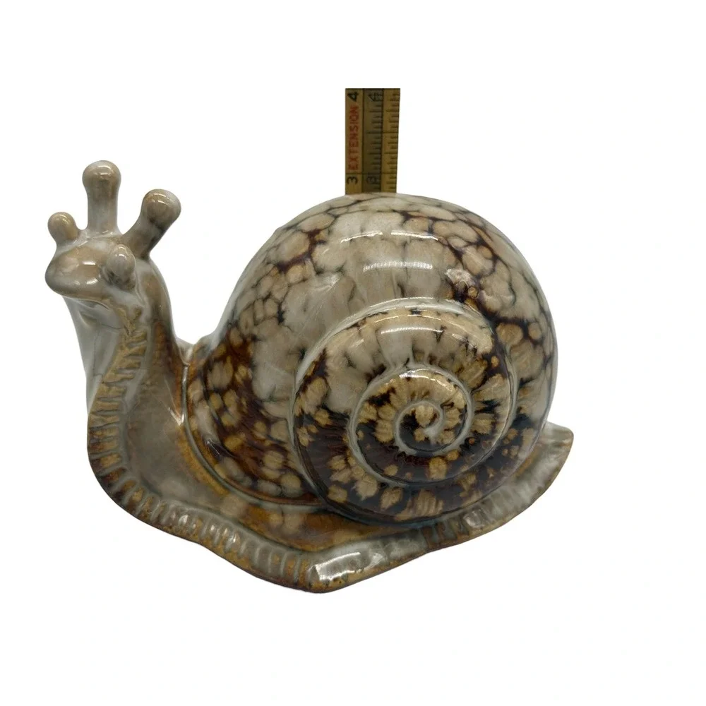 Vintage Ceramic Snail Figurine Glossy Brown Drip Glaze Pottery Garden Decor 5.5
